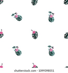 Summer pattern with tropical monstera flowers and leaves. Vintage watercolor print with green tropic leaves. Square seamless pattern background with floral elements on white backdrop.