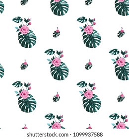 Summer pattern with tropical monstera flowers and leaves. Vintage watercolor print with green tropic leaves. Square seamless pattern background with floral elements on white backdrop.