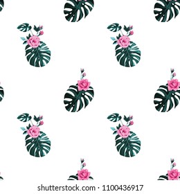 Summer pattern with tropical monstera flowers and leaves. Vintage watercolor print with green tropic leaves. Square seamless pattern background with floral elements on white backdrop.