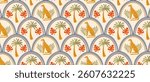 Summer pattern with tropical palm tree and leopard in retro style. Cute jungle print, beach background, safari. Vector