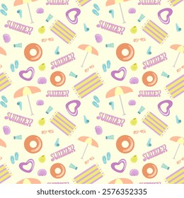 Summer pattern with umbrellas, flip-flops, towels, sunscreen, seashells, and pastel pool floats on a cream background. Ideal for fabrics, wallpapers, and seasonal decor.