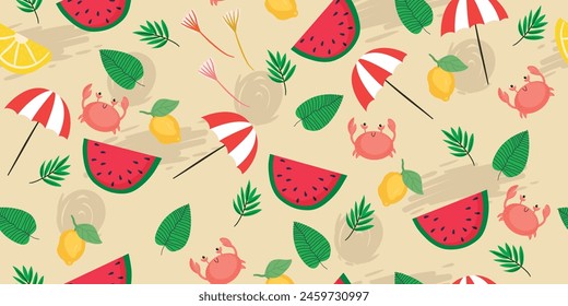 Sommermuster mit Regenschirmen, Wassermelonen, Krebsen und Zitrone. Nahtloses Sommermuster mit hellen attributiven Objekten und Früchten.