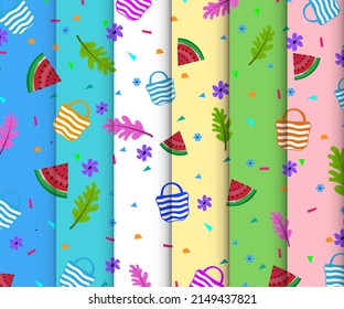 summer pattern vector element. summer seamless pattern with watermelon, summer leaf, tote bag, small flower Vector illustration.