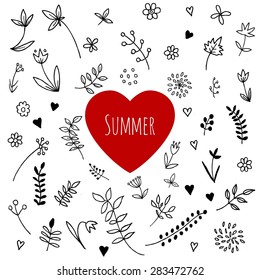 Summer pattern. Vector floral set. Graphic collection with leaves and flowers, drawing elements. Spring or summer design for invitation, wedding or greeting cards