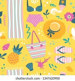Summer pattern. Vector seamless colorful pattern in cartoon style with beach clothes and objects on yellow background.