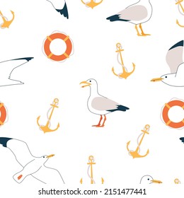 Sommermuster. Vektornahtloses Muster mit Sommersymbolen wie Segel, Anker,
Lifebuoy im Doodle-Stil. Einzeln auf Weiß.