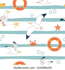 Summer pattern. Vector seamless pattern with summer symbols, such as seagulls, starfish, and  lifebuoy.