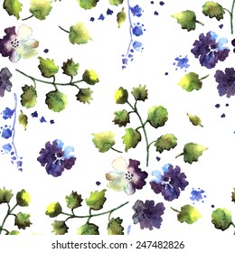 Summer pattern with watercolor blue flowers. Hand painting. Watercolor. Seamless pattern for fabric, paper and other printing and web projects.