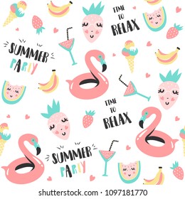 Patrón de verano. sandía, flamencos y elementos de vacaciones. Ilustración del vector
