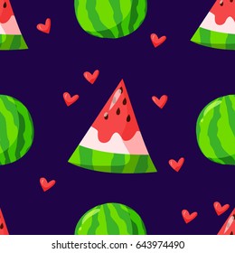 Summer pattern with watermelon and hearts on black background. Cartoon style. Ornament for textiles and wrapping. Vector.