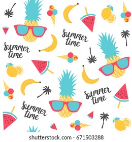 Summer pattern. Watermelon, pineapple and banane. Vector illustration