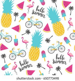 Summer pattern. Watermelon, pineapple and bicycle. Vector illustration