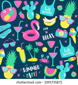 Summer pattern. Watermelon, pineapple and holiday elements. Vector illustration