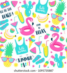 Summer pattern. Watermelon, pineapple and holiday elements. Vector illustration