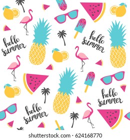 Summer Pattern. Watermelon, Pineapple, Lemon. Vector Illustration  