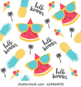 Summer Pattern. Watermelon, Pineapple. Vector Illustration  