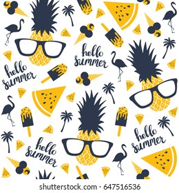 Summer Pattern. Watermelon, Pineapple. Vector Illustration