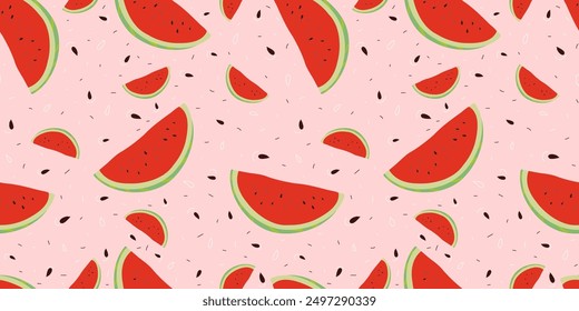 Summer pattern of watermelon slices and seeds on a pink background