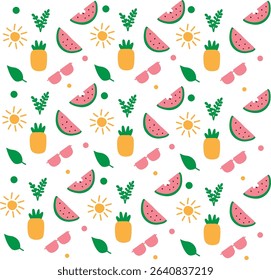 Summer Pattern with Watermelon, Sun, Glasses, Leaf, and Pineapple. Vector Seamless Pattern for Printing on Wallpaper, Paper, Gift Wrap and Fabric.