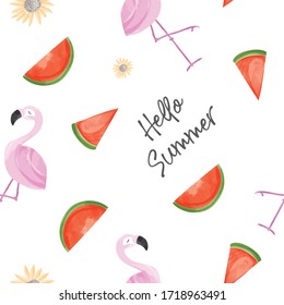 Summer pattern with watermelon,flamingo and sunflower concept and watercolor style
