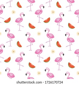 Summer pattern with watermelon,flamingo and sunflower concept and watercolor style