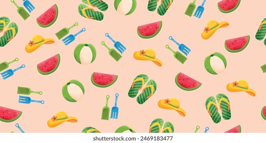 Summer pattern, watermelons, flip-flops, sun hat, children's shoulder blades. Beach and summer pattern for the holiday season.