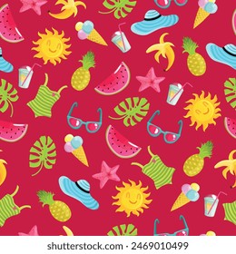 Summer pattern, watermelons, palm leaves, sun, ice cream, glasses, pineapple, banana. Beach and summer pattern for the holiday season. Red background.