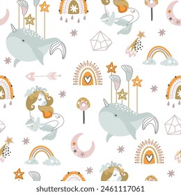 Summer pattern with whales, fish, shells and stars. Vector illustration