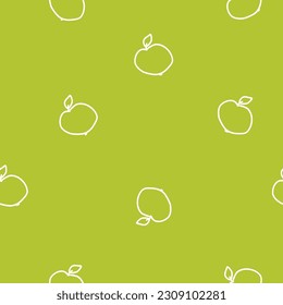 Summer pattern with white apple silhouette in chalk style, tasty hand drawn fruits in line art, print for cover, fabric,textile, paper design