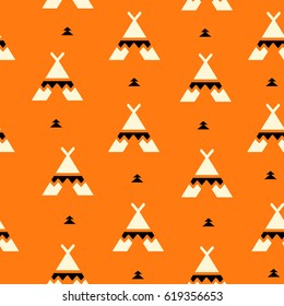 Summer pattern with wigwam and  black triangles. Aztec design. Vector background.