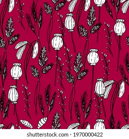 Summer pattern with wildflowers, dried flowers. Poppy, poppy box, medicinal herbs, spikelet. Beautiful hand-drawn graphics. For textile, wallpaper, design, paper, banner. Stock graphics, isolate. 