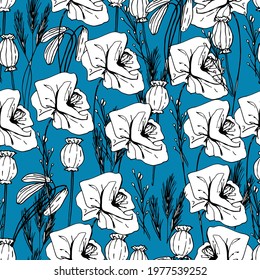 Summer pattern with wildflowers, dried flowers. Poppy, poppy box, medicinal herbs, spikelet. Beautiful hand-drawn graphics. For textile, wallpaper, design, paper, banner. Stock graphics, isolate. 