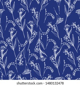 Summer pattern with wildflowers. Hand draws autumn plants with ink. botanical vintage illustration. Branches with leaves, flowers. Design for print, packaging, wallpaper, textile, isolated background.