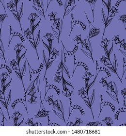 Summer pattern with wildflowers. Hand draws autumn plants with ink. botanical vintage illustration. Branches with leaves, flowers. Design for print, packaging, wallpaper, textile, isolated background.