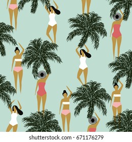 Summer pattern with woman,bikini and palms.Summer beach time pattern.Vintage abstract background.For textile,texture,wallpaper and decor design.Vector illustration.