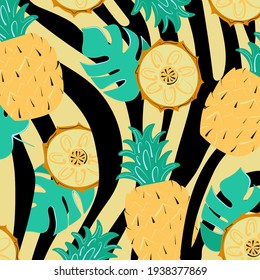 Summer pattern with zebra stripes, monstera and pineapple. Exotic background with leaves and fruit slices. Vector illustration