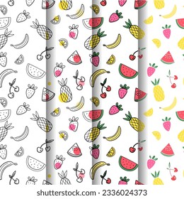 Summer patterns collection with fruits watermelon cherry pineapple banana strawberry