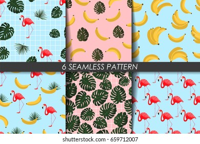 Summer patterns collection. Seamless texture. Vector. Trendy backgrounds. Fashion summer wallpaper set with banana, flamingo, greenery leaves.