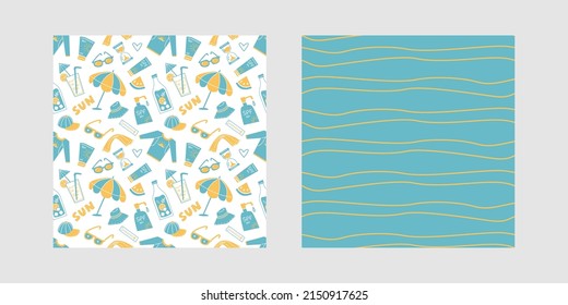 Summer patterns. Seamless vector pattern with sun protection items. Base vacation holiday background.