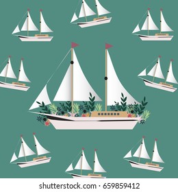 Summer Pattern.Vector pattern with flowers and ships.Vintage design.For textile,t-shirt graphics,wallpaper,web and interior design.Vector illustration.