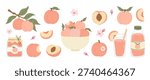 Summer peach collection with whole and bitten fruits, halved with pit and slice, glass and bottle juice, jar of jam, bowl of ripe fruits. Fresh and healthy food set in flat style. Vector illustration isolated on white background