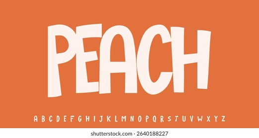 Summer Peach drupe, joyful lettering, cartoon funny typography. Childish font for friendly logo headline of culinary recipe book, sweets, ice cream title. Food typographic design. Vector typeset.