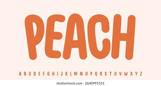 Summer Peach drupe, joyful lettering, cartoon rounded typography. Childish font for friendly logo headline of culinary recipe book, sweets, ice cream title. Food typographic design. Vector typeset.