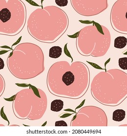 Summer peach fruit cartoon doodle seamless pattern