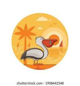 Summer pelican seaside icon with large sea bird on beach by sunset in line art design.