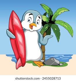 summer penguin and surfboard illustration