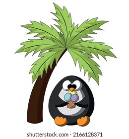 Summer Penguin under the palm tree. Draw illustration in color