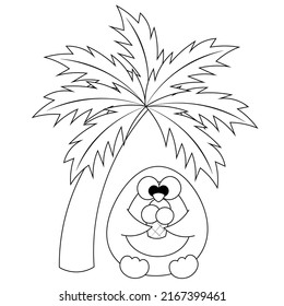 Summer Penguin under the palm tree. Draw illustration in black and white