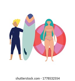 summer people activities, man with surfboard and girl with float in the beach, seashore relaxing and performing leisure outdoor vector illustration