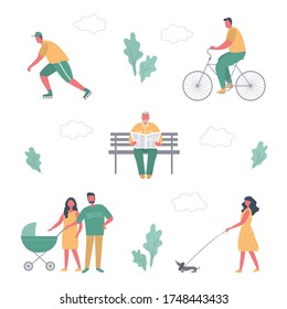 Summer people activities in park. Men and women are resting: ride a bicycle, roller skate, walk with a stroller, read a newspaper, walk a dog. Healthy lifestyle concept. Flat style. Vector 